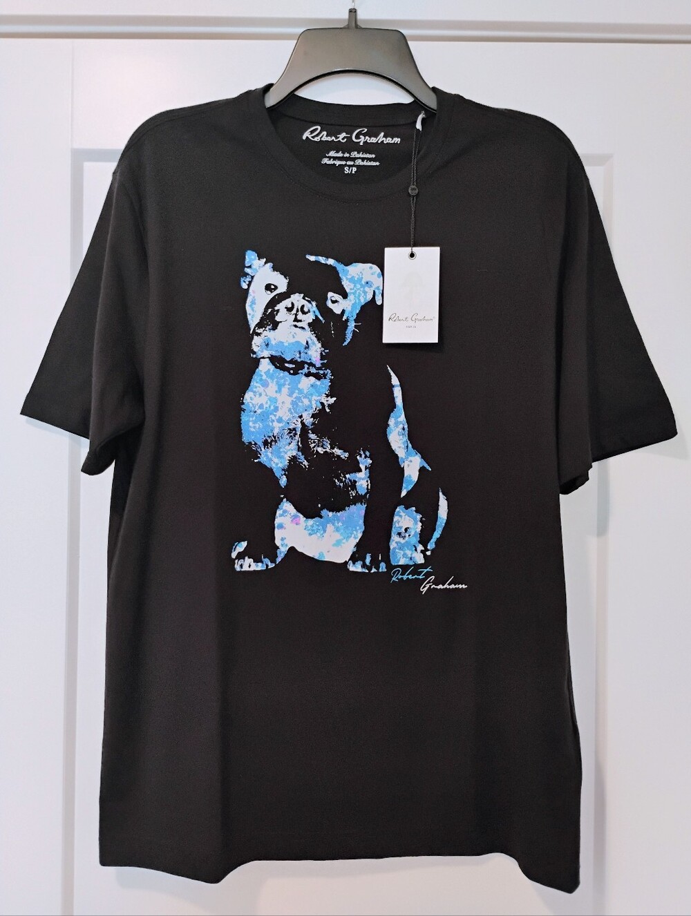 NWT S Robert Graham Blue Dog Black Crew T-shirt Tee Neon Graham Style NEW